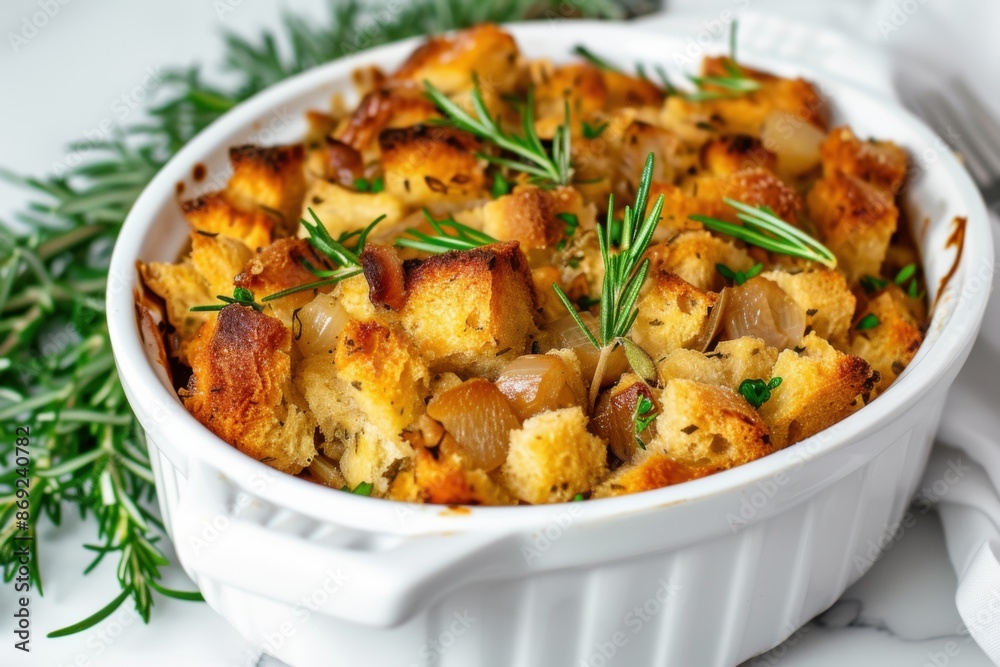Oven-baked Stuffing with potatoes, baked in the oven, on a plate on a white background Oven-baked Stuffing with potatoes, baked in the oven, on a plate on a white background
