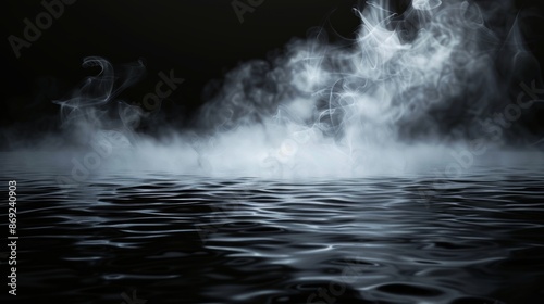 Smoke clouds soaring above black water surface. Modern realistic illustration of white fog, steam, mist, haunting sea waves, dark river splashing in smog, mysterious Halloween atmosphere.