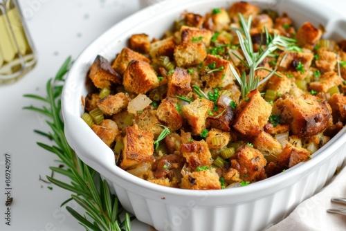 Oven-baked Stuffing with potatoes, baked in the oven, on a plate on a white background