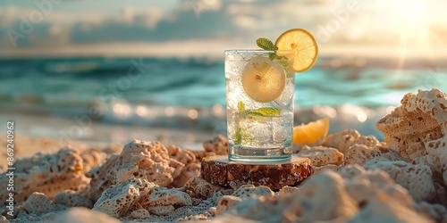 A close shot of a podium with a glass of juice on it in sea beach sand with a blurry sea beach view and big space for text or background use, Generative AI. photo