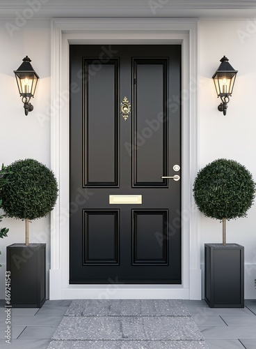 A black front door with a black doormat, two potted trees, and two lanterns on the white siding of a house photo