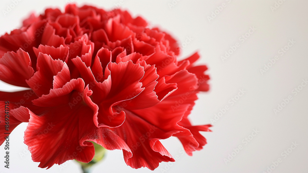 A close-up of a red carnation, focusing on its ruffled petals against a white background A close-up of a red carnation, focusing on its ruffled petals against a white background