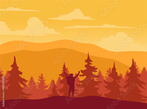beautiful natural scenery with silhouettes of trees and hills
