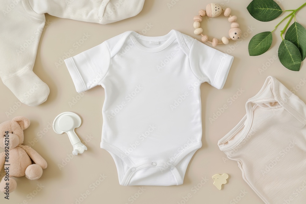 An illustration of baby sleep accessories with pacifiers, pajamas, and toys. This onesie mockup represents newborn sleeping rules. An illustration of baby sleep accessories with pacifiers, pajamas, and toys. This onesie mockup represents newborn sleeping rules.