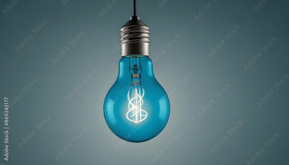 close up isolated blue hanging light bulb on a plain background close up isolated blue hanging light bulb on a plain background