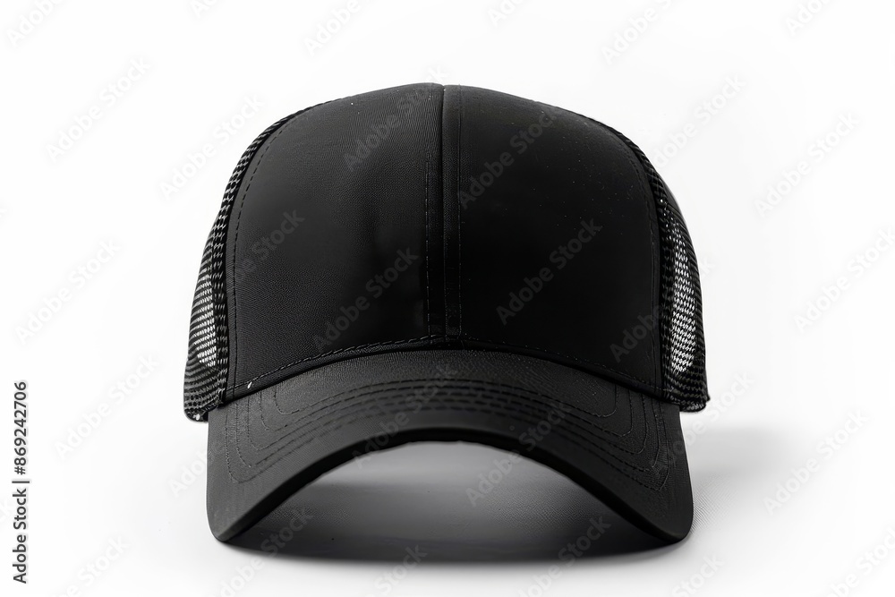A black trucker hat mockup illustration on a white studio background A black trucker hat mockup illustration on a white studio background