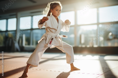 Wallpaper Mural Young child in white karate suit practicing martial arts at gym class Torontodigital.ca