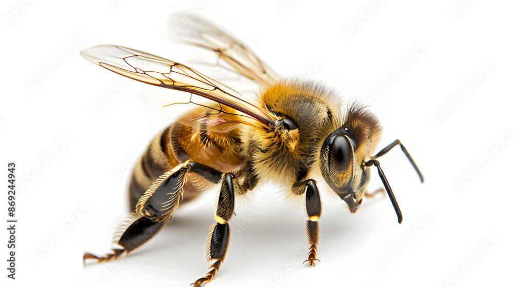 Honey bee traversing the clean white canvas, showcasing its intricate movements and unique charm. isolated on white background Honey bee traversing the clean white canvas, showcasing its intricate movements and unique charm. isolated on white background