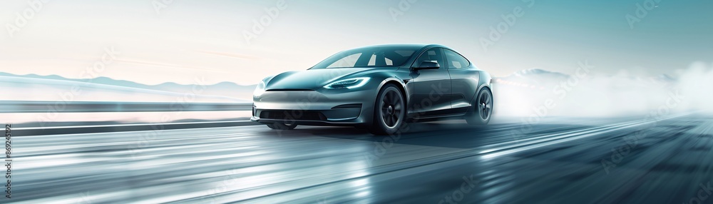 Fototapeta premium A sleek and modern advertisement for a new electric car, featuring seamless transitions between the car driving through different environments, from city streets to open highways, highlighting its