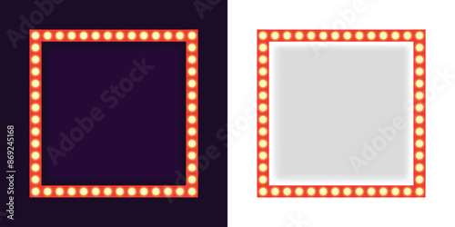 Realistic retro rectangle and circle neon marquee billboard for decoration. Concept of cinema and broadway. Isolated over transparent