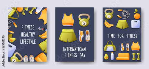 Set of vector templates for cards, posters and invitations on the theme of fitness, sports. Fitness healthy lifestyle, world fitness day, time for fitness. Sports equipment, sportswear.
