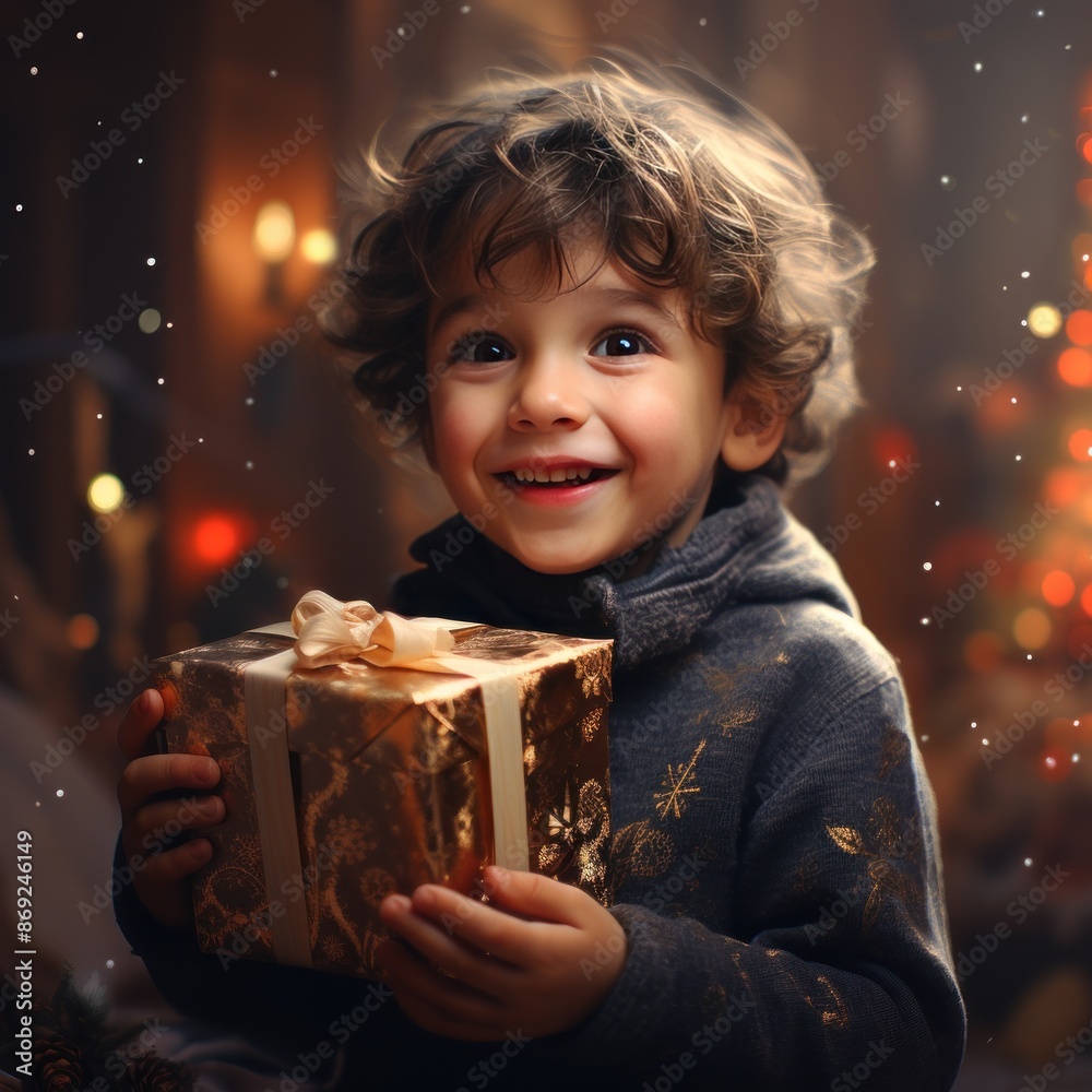 Naklejka premium happy little boy gets present for Christmas