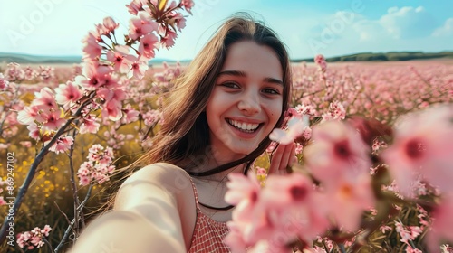 Fototapeta Naklejka Na Ścianę i Meble -  Happy young woman taking a selfie in a blooming flower field on a sunny day capturing joy and nature's beauty