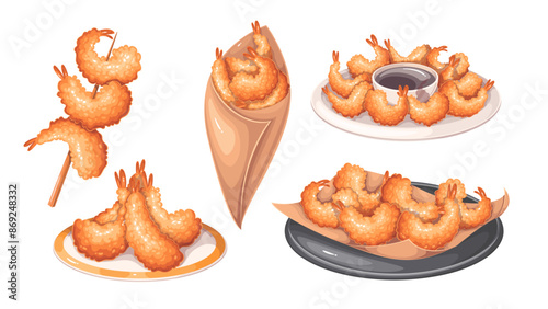 Shrimp tempura, deep fried seafood cartoon set. Gourmet golden crispy cutlets on wooden stick and lying on round plates with sauce bowl, cartoon tempura Japanese food in bag vector illustration