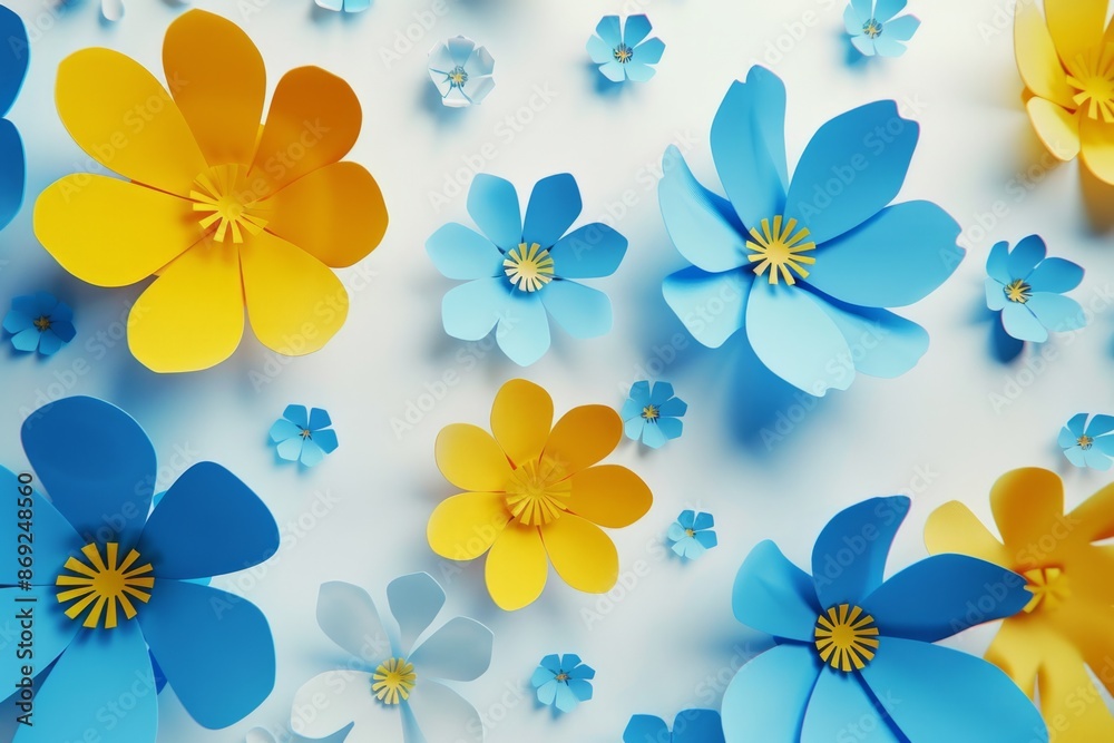 Abstract blue and yellow paper flowers on a white background