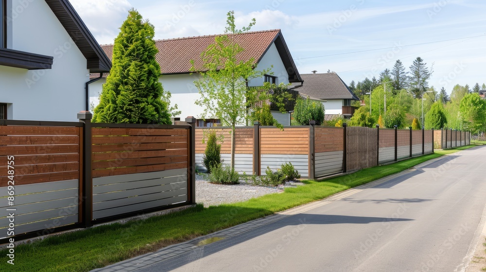 A modern wooden fence with gray metal posts surrounds a lush green lawn and a home with a white exterior A modern wooden fence with gray metal posts surrounds a lush green lawn and a home with a white exterior