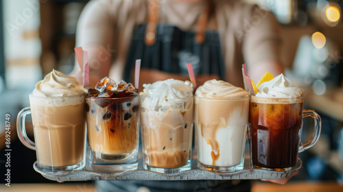 A photo shows someone holding out a tray with different types of cold coffee drinks, a hot drink, and an ice latte on top photo