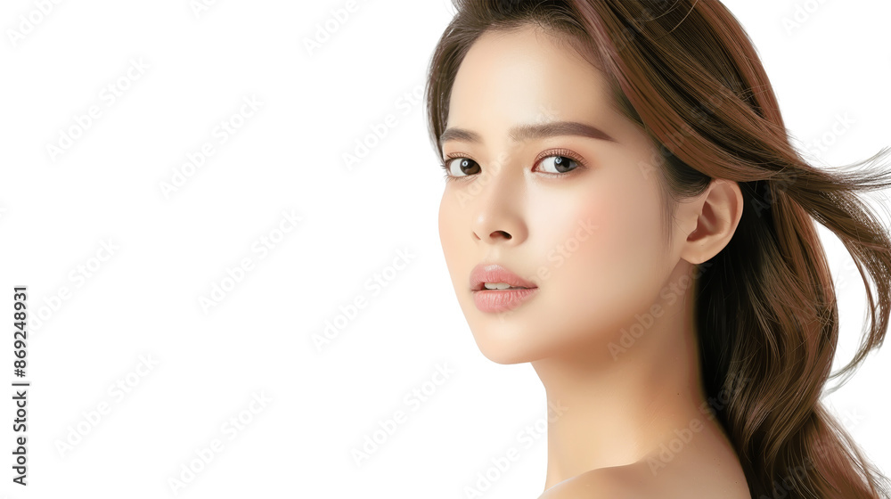 A beautiful young woman with long brown hair looks over her shoulder with a soft smile.  Her skin is flawless and her eyes sparkle.