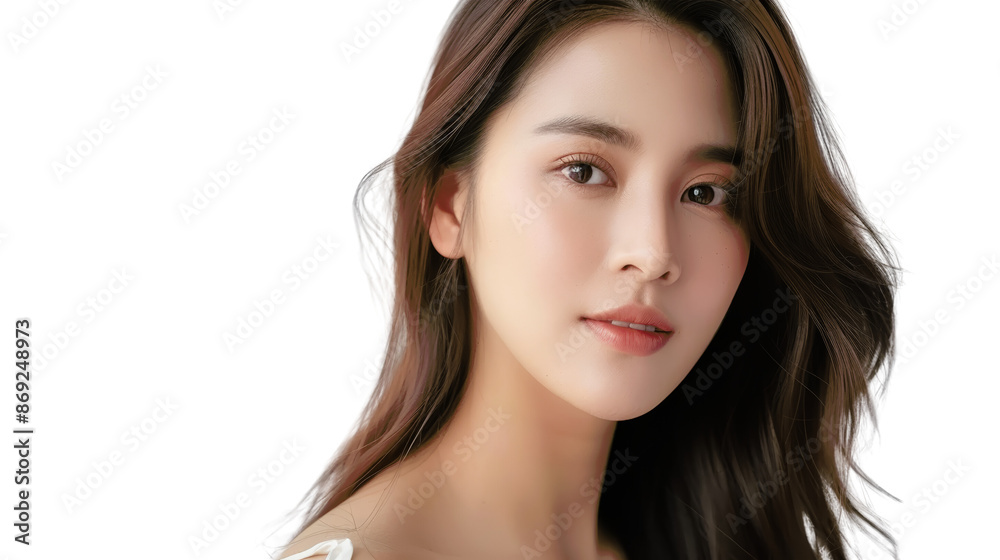 A beautiful young woman with long dark hair looks directly at the camera. Her skin is flawless and her eyes are bright. A beautiful young woman with long dark hair looks directly at the camera. Her skin is flawless and her eyes are bright.
