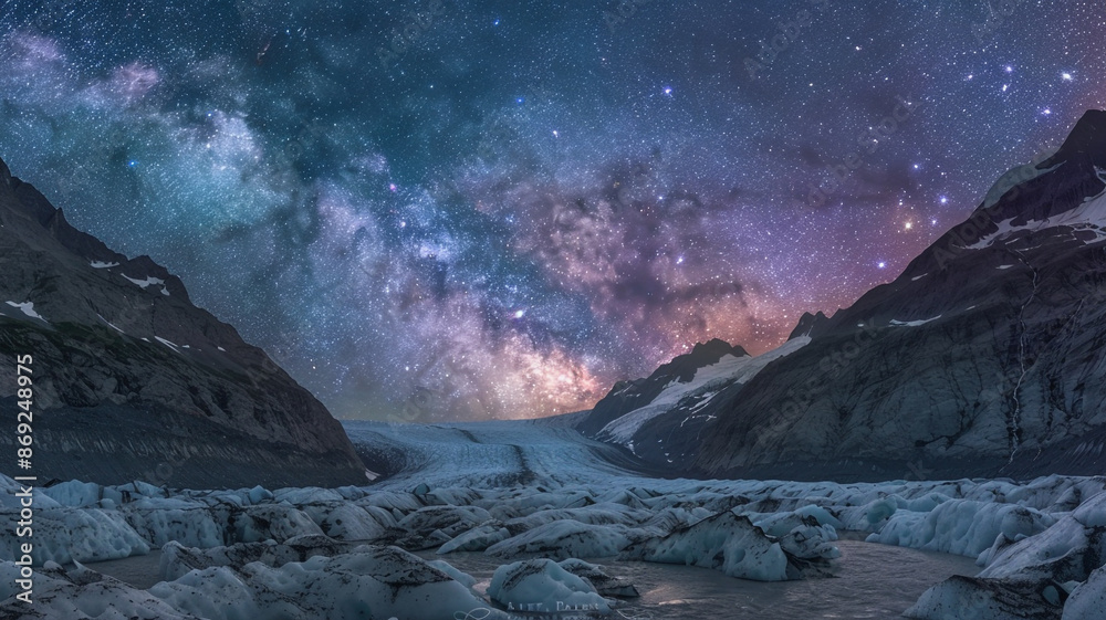 A glacial valley at night with a star-filled sky and the Milky Way visible