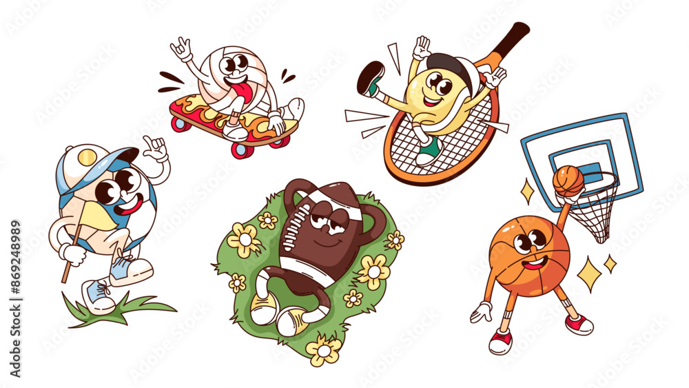 Groovy sport game balls cartoon characters set. Funny retro balls of ...