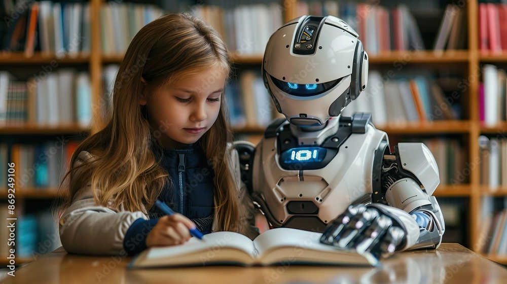 Young girl and robot reading a book together in a library exploring the concept of human-robot companionship Young girl and robot reading a book together in a library exploring the concept of human-robot companionship