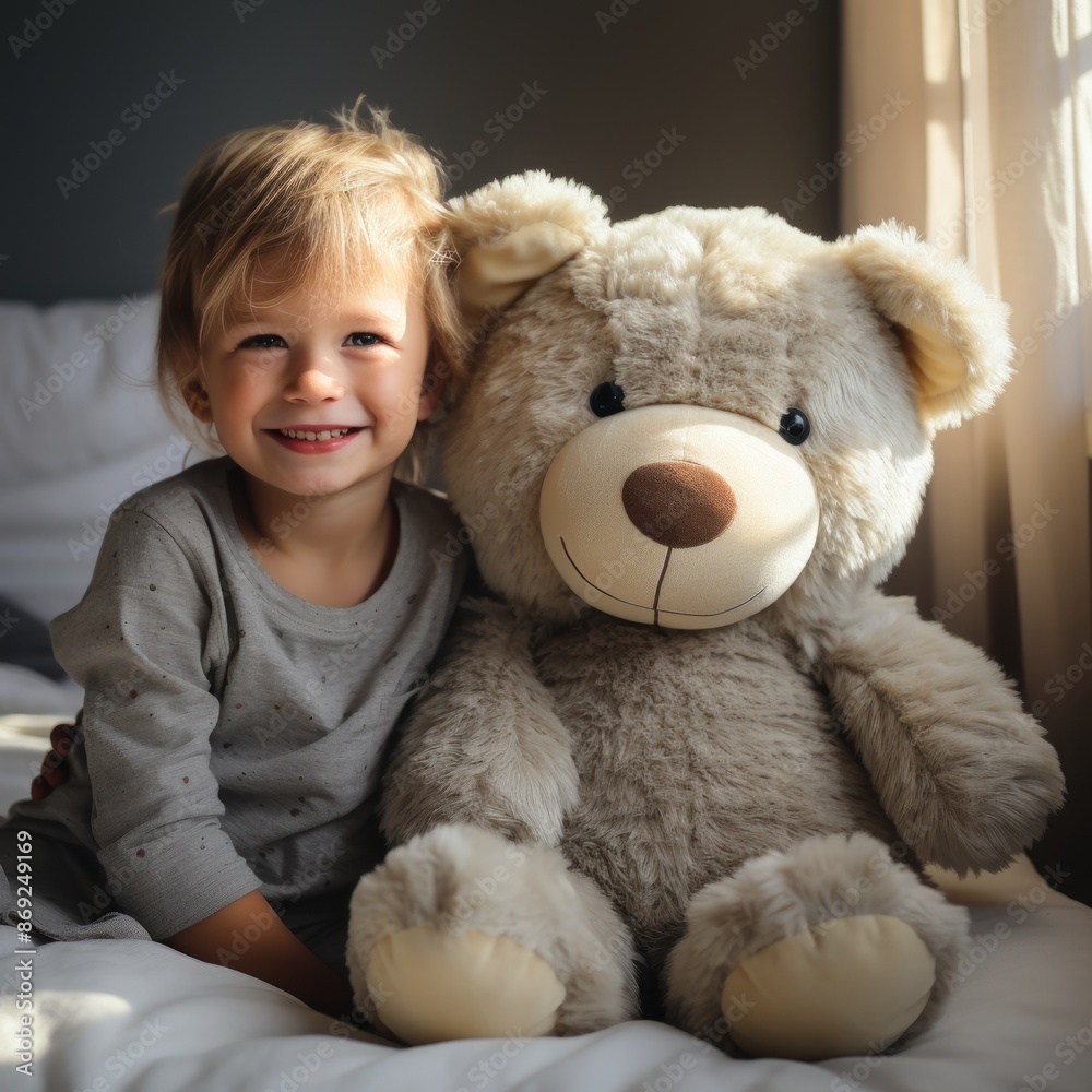 Cute little boy smiling and holding an adorable soft stuffed toy doll in his hands Cute little boy smiling and holding an adorable soft stuffed toy doll in his hands