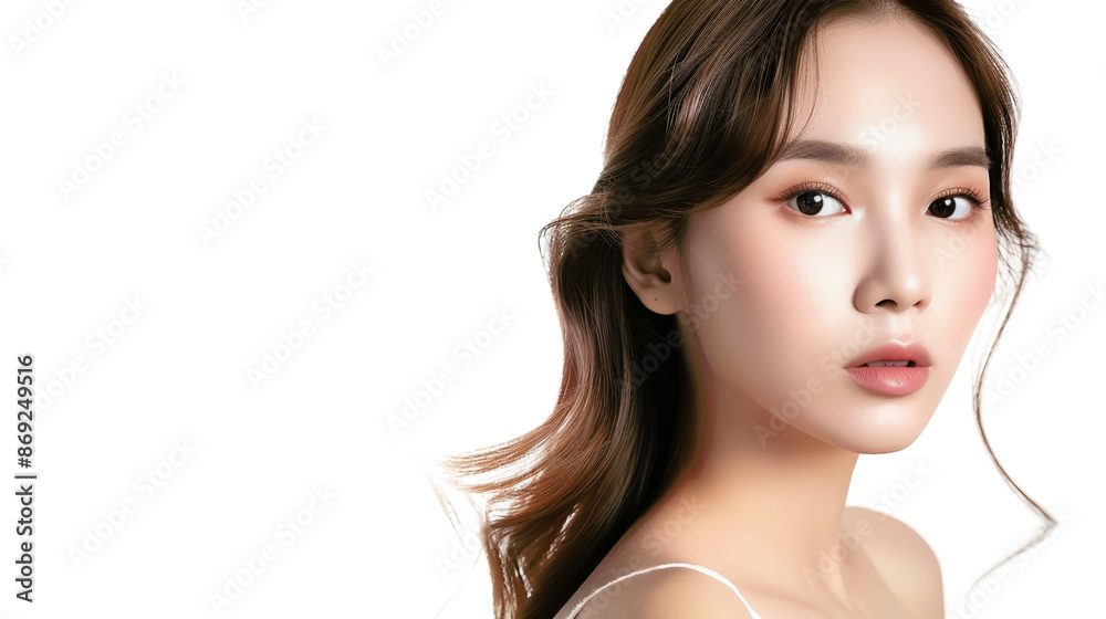 A beautiful woman with long brown hair and soft makeup looks directly at the camera. Her skin is flawless and her expression is neutral. A beautiful woman with long brown hair and soft makeup looks directly at the camera. Her skin is flawless and her expression is neutral.