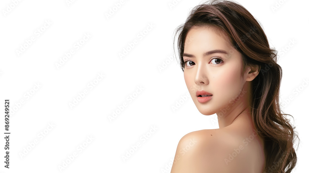 Fototapeta premium A beautiful woman with long brown hair looks over her shoulder. Her skin is glowing and her eyes are bright.
