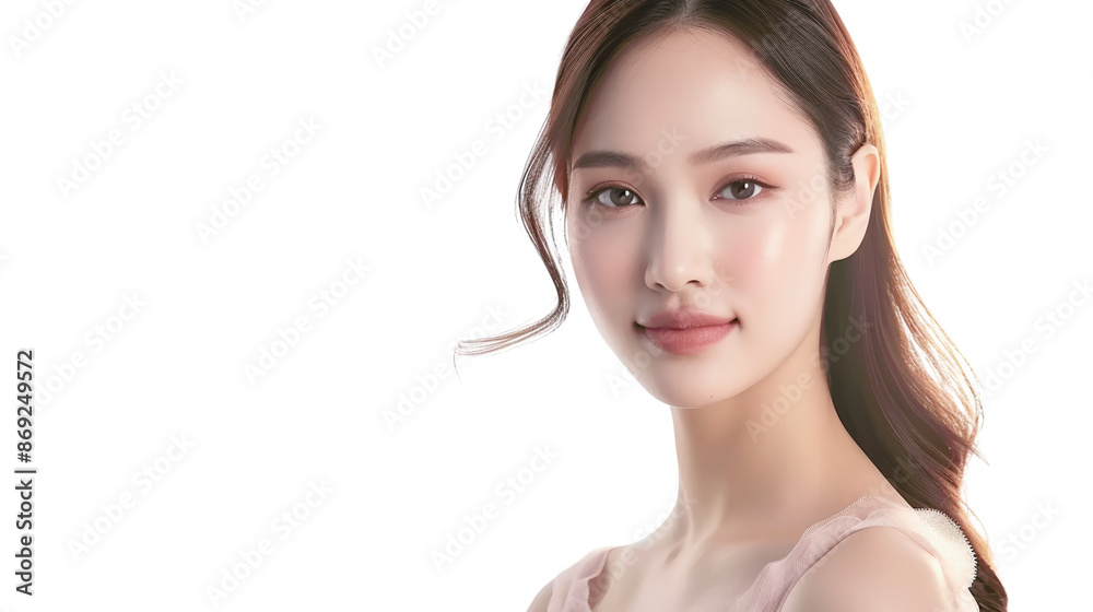 A beautiful woman with long dark hair looks directly at the camera with a soft smile. Her skin is flawless and she is wearing a pink dress. A beautiful woman with long dark hair looks directly at the camera with a soft smile. Her skin is flawless and she is wearing a pink dress.