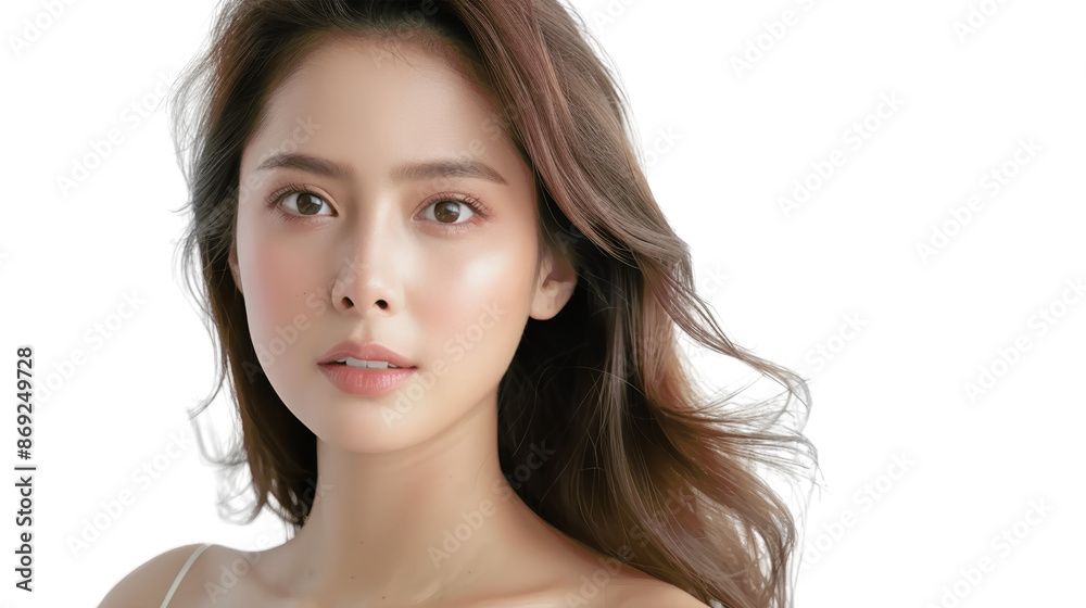 A beautiful young woman with long brown hair looking directly at the camera. Her skin is flawless and her eyes are bright. A beautiful young woman with long brown hair looking directly at the camera. Her skin is flawless and her eyes are bright.