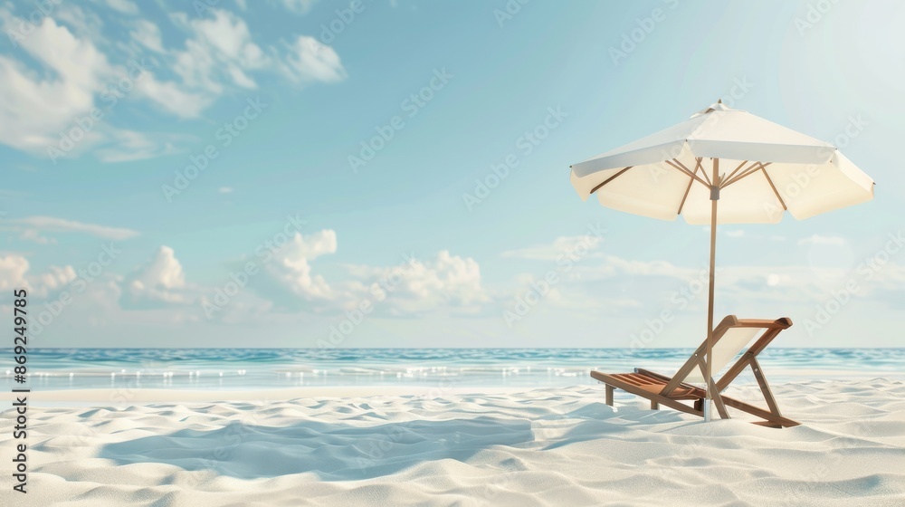 Serene Vacation Vibes - 3D-rendered Beach Chair and Umbrella on White Sand Background Serene Vacation Vibes - 3D-rendered Beach Chair and Umbrella on White Sand Background
