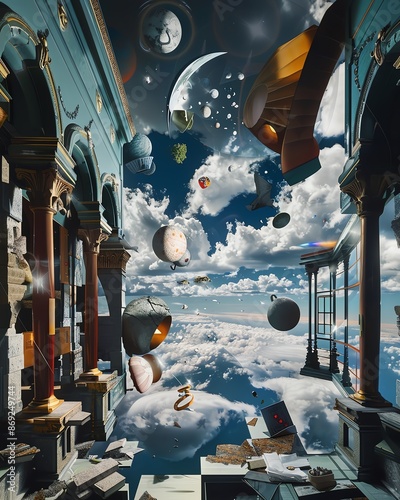 Dreamlike scene with levitating objects and distorted perspectives, Pop Surrealism, Mindbending and visually captivating photo