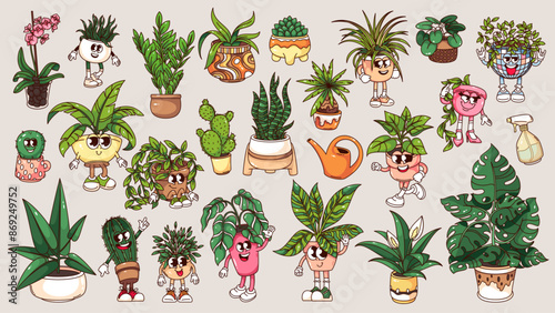 Groovy plants in pots cartoon characters and stickers set. Funny retro potted plants and gardening tools, home and office garden mascots cartoon collection of 70s 80s style vector illustration