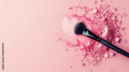 Makeup brush and scattered blush on pink background, top view. 