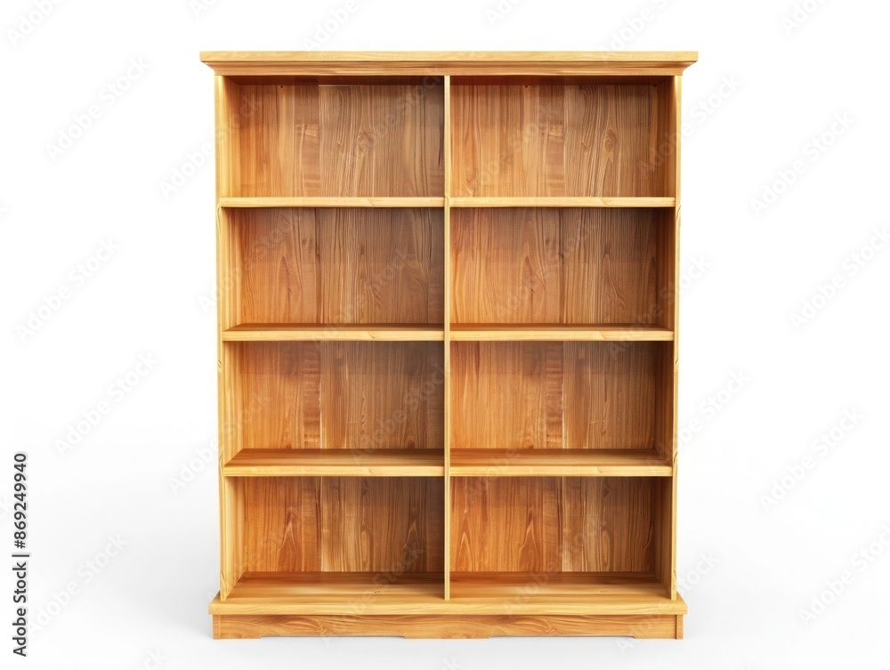 A simple wooden bookshelf with five shelves and a natural wood finish, providing ample storage space, isolated on a pure white background. A simple wooden bookshelf with five shelves and a natural wood finish, providing ample storage space, isolated on a pure white background.