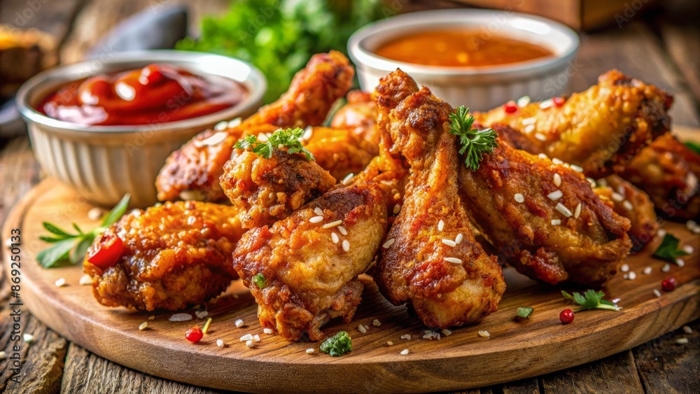 A Delicious Plate Of Crispy Chicken Wings With A Variety Of Dipping Sauces. A Delicious Plate Of Crispy Chicken Wings With A Variety Of Dipping Sauces.