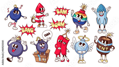 Groovy bombs and dynamite sticks, TNT cartoon characters and stickers set. Funny retro angel and rainbow bomb with fire on wick, surprise explosion cartoon mascots of 70s 80s style vector illustration