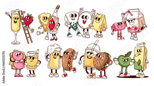 Groovy cartoon food and drink characters friends set. Funny retro happy buddies, fast food mascot. Cartoon stickers of cheese and wine, juice and sandwich, beer in 70s 80s style vector illustration