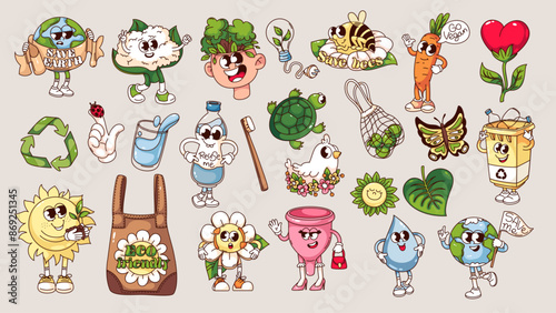 Groovy eco friendly organic products and cartoon characters set. Funny retro green energy and waste recycle stickers, environment and eco ideas cartoon mascots of 70s 80s style vector illustration