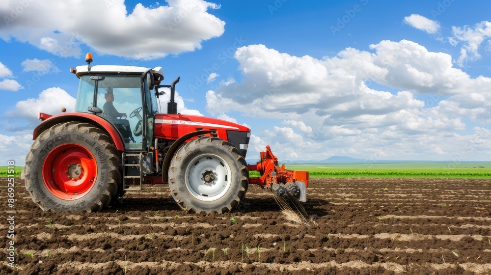 A red tractor with a rear-mounted cultivator works a field at sunset