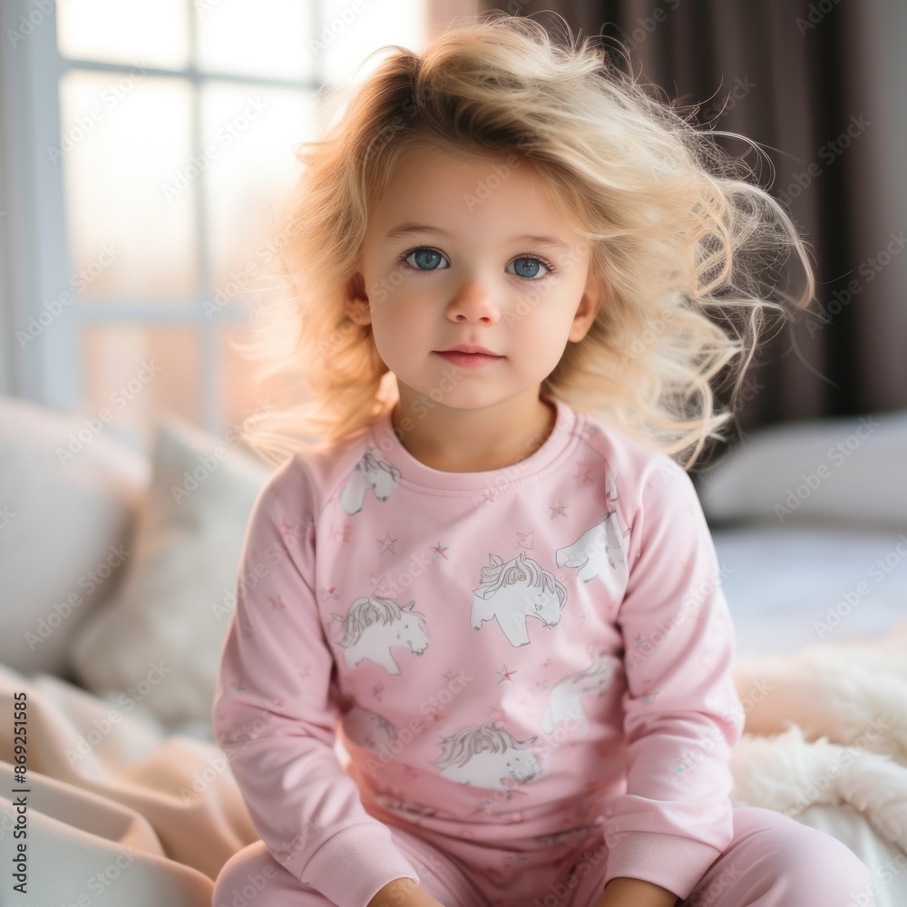 Fototapeta premium Happy cute adorable toddler girl, sweet 3 year old kid in pajamas sitting on bed after nap sleep