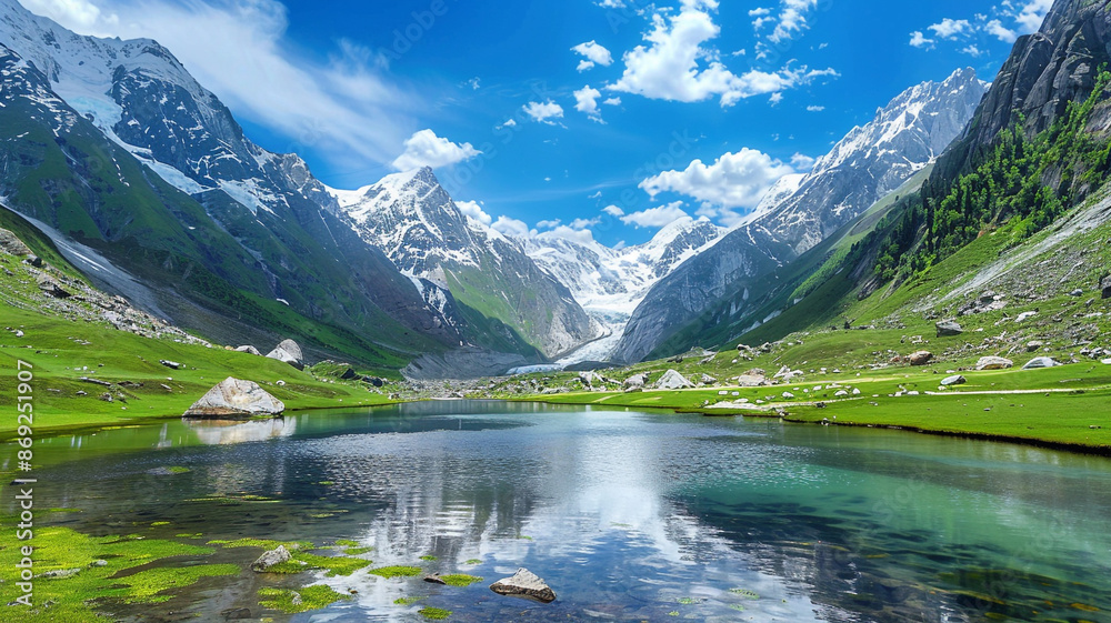 A glacial valley with a serene lake, snow-capped peaks, and a clear blue sky A glacial valley with a serene lake, snow-capped peaks, and a clear blue sky