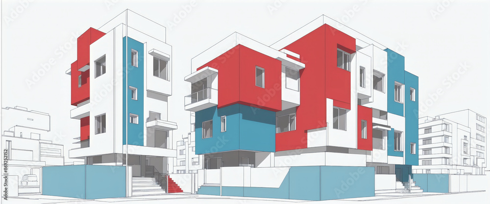 Clear and graphic depiction of a apartment complex consisting of dark lines and colored areas in an artistic architectural style Clear and graphic depiction of a apartment complex consisting of dark lines and colored areas in an artistic architectural style