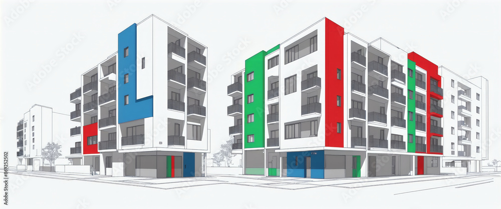 Clear and graphic depiction of a apartment complex consisting of dark lines and colored areas in an artistic architectural style