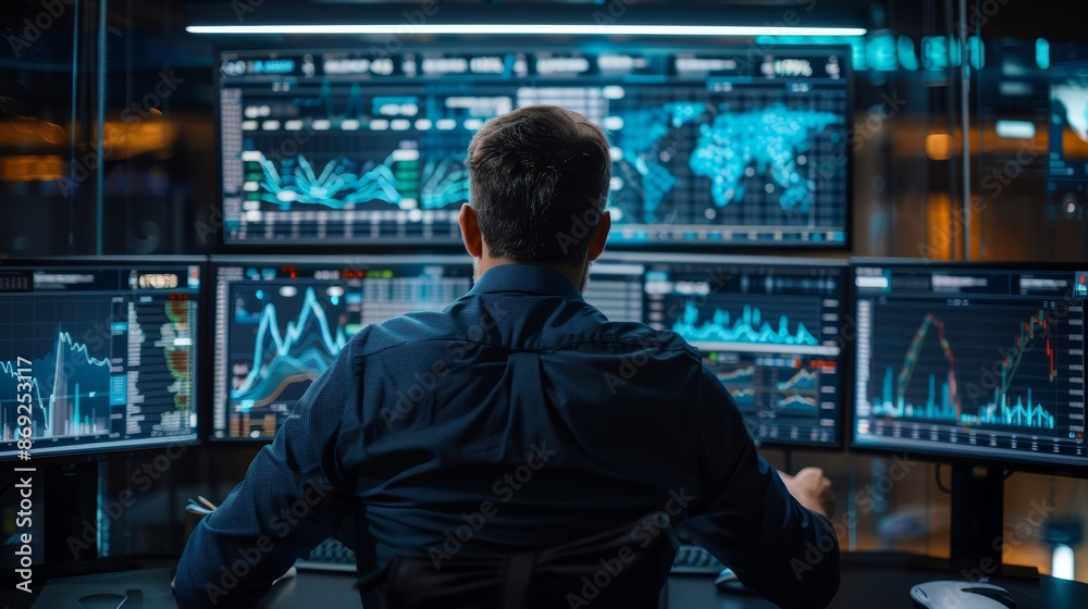 A businessman working on multiple computer screens with financial data.