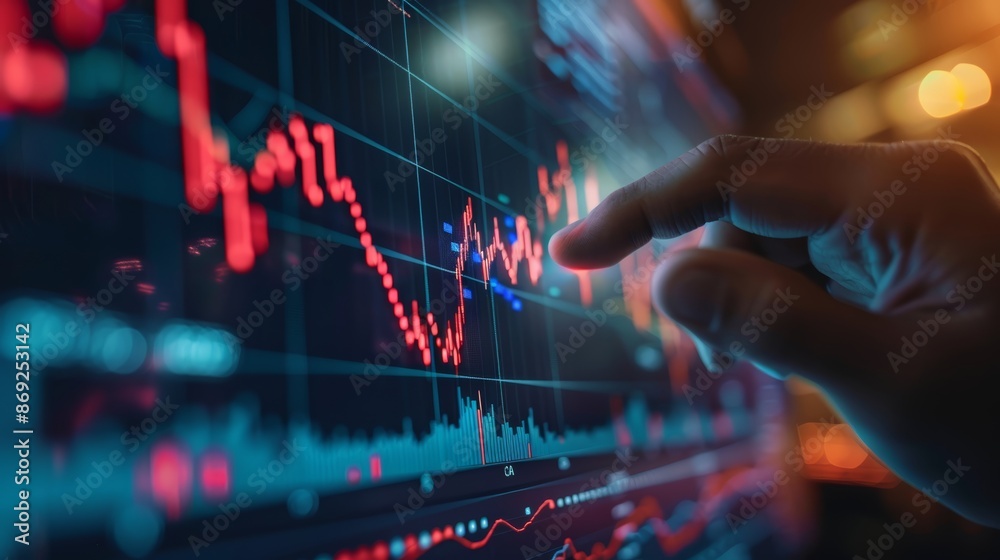A finger points at a fluctuating stock market graph displayed on a computer screen. The graph shows a downward trend in red, with a slight upward trend in blue. A finger points at a fluctuating stock market graph displayed on a computer screen. The graph shows a downward trend in red, with a slight upward trend in blue.