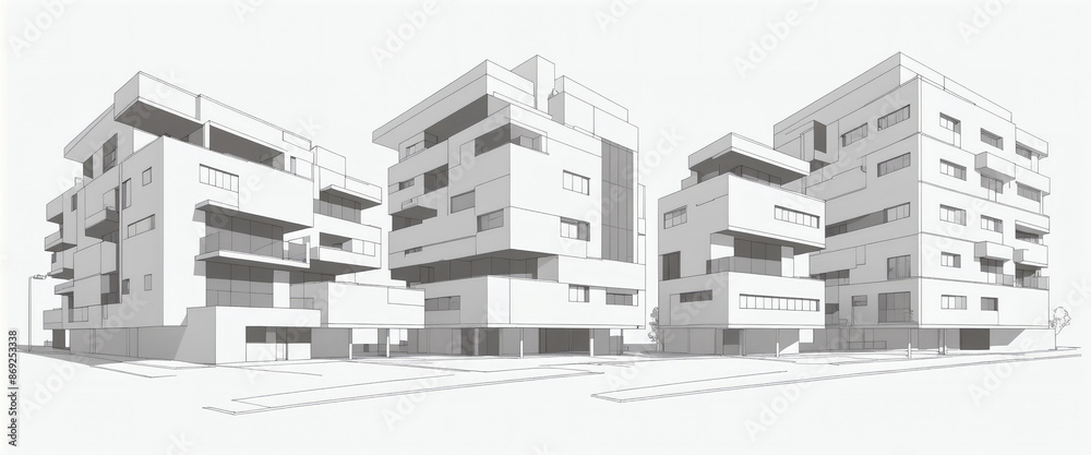 Clear and graphic depiction of a apartment complex consisting of dark lines and colored areas in an artistic architectural style Clear and graphic depiction of a apartment complex consisting of dark lines and colored areas in an artistic architectural style