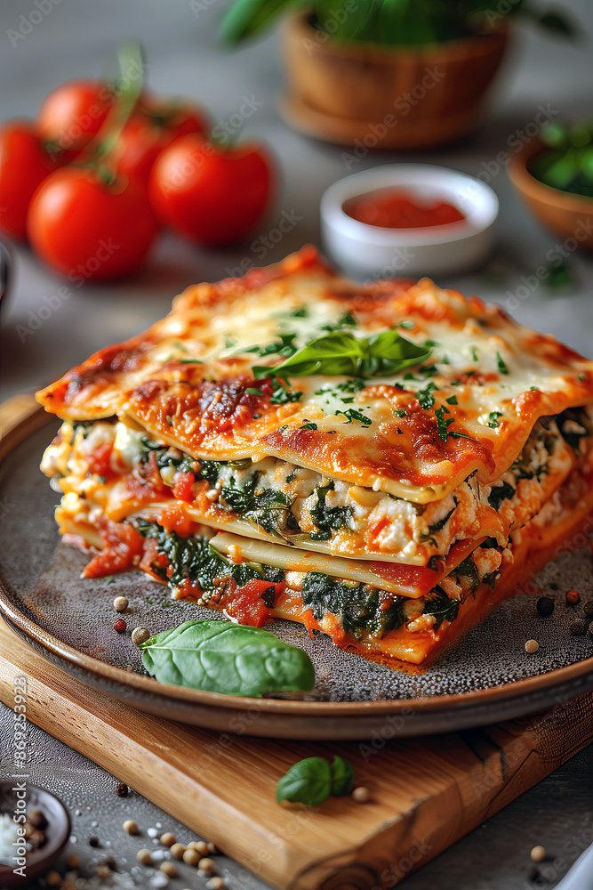Spinach Lasagna: Layered lasagna noodles with a filling of ricotta cheese, spinach, marinara sauce, and mozzarella cheese. Spinach Lasagna: Layered lasagna noodles with a filling of ricotta cheese, spinach, marinara sauce, and mozzarella cheese.