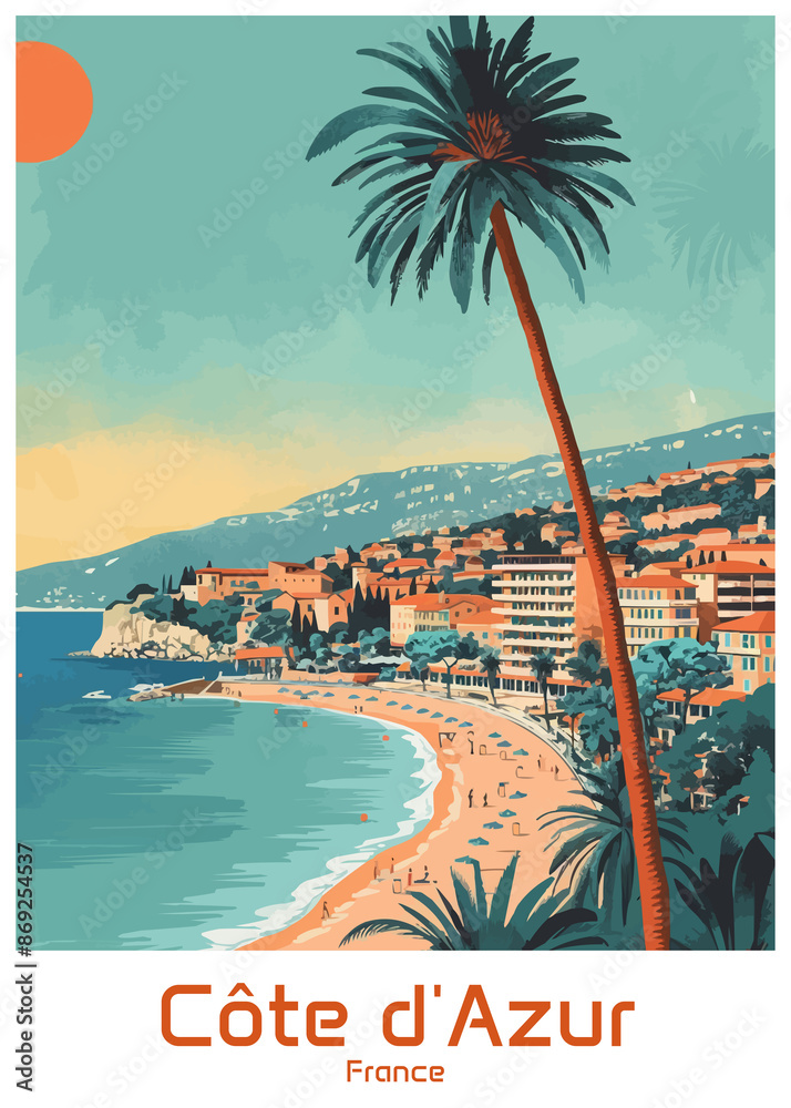 Côte d'Azur French Riviera Poster Illustration Travel Print Decor Gift Paper Canvas Wall Retro Art